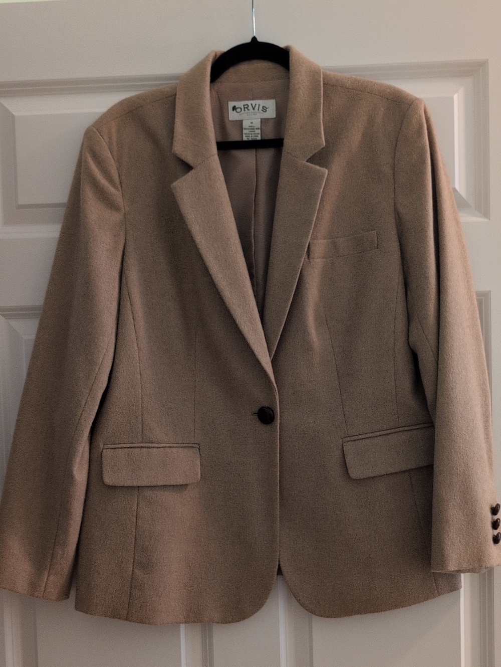 Orvis 100% Camel Hair Tan Blazer Jacket Brown Leather Woven Buttons Preppy